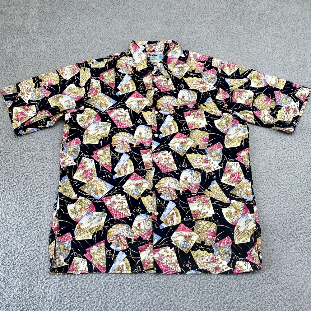 Reyn Spooner Shirt Mens Large Black Hawaiian Bird Asian Reverse Print Button Up